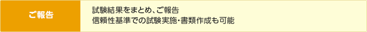 御報告／試験結果をまとめ、ご報告信頼性基準での試験実施・書類作成も可能
